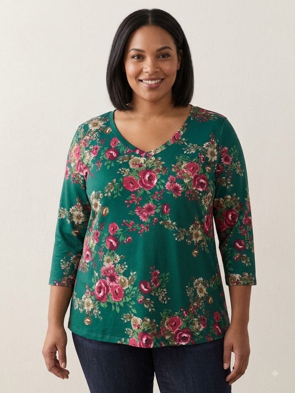 The Pioneer Woman Emerald Green Floral V-Neck Long Sleeve Tee  Size L.    WS 199